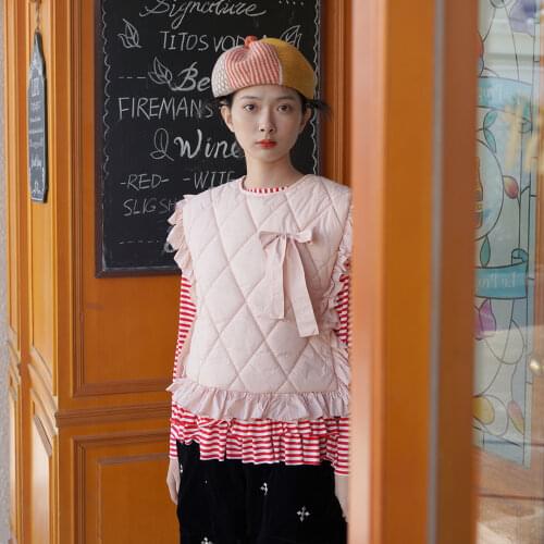 Imakokoni pink bow waistcoat original design ruffle waistcoat waistcoat ladies autumn and winter 203216