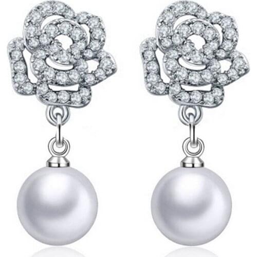 Rose pearl Temperament Elegant Zircon Earrings Simple Statement Jewelry For Women
