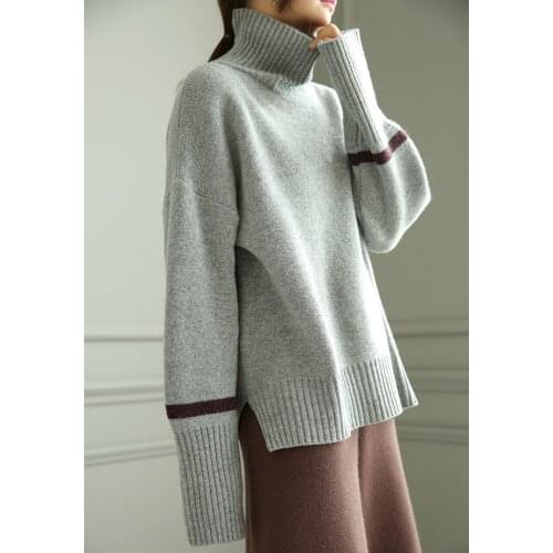 Goat cashmere thick knit women fashion solid high collar loose open hem pullover sweater grey 2color M-XL retail wholesale