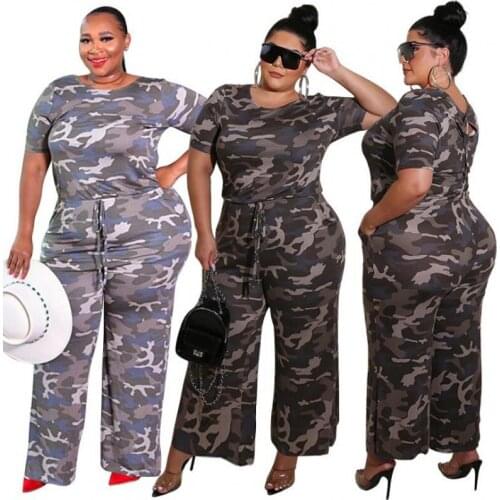 New Fashion Camouflage Printed Women Jumpsuits Wide Leg Plus Size Short Sleeves O Neck Loose Ladies Rompers Summer Autumn