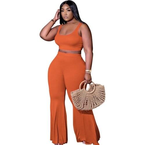 Plus Size Knit Rib Two Piece Set Women 2021 Summer Clothes Sporty Tank Crop Top and Flare Pants Bell-bottom Casual Tracksuit
