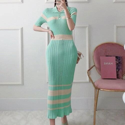 Fashion Korean Sweet Short Sleeve Turn-down Collar Midi Party Dress Ladies Elegant Elastic Button Stripe knitting Beach Dress