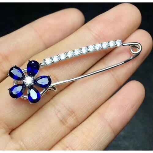Natural And Real Flower Sapphire brooch Free shipping Sapphire 925 sterling silver brooch