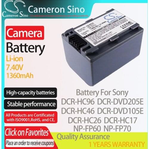 CameronSino Battery for Sony DCR-HC96 DCR-HC46 DCR-HC26 DCR-DVD205E DCR-DVD105E fits Sony NP-FP60 Digital camera Batteries 7.40V