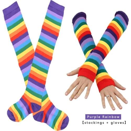 1Set Halloween Stripe Stocking Fashion Women Rainbow Stockings With Hole Gloves Masquerade Lady Warm Long Stocking Autumn Winter