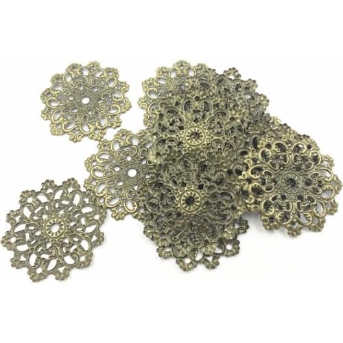 10Pcs Decoration Connectors Bag Ornament Filigree Wraps Bronze Tone Classic Round Flower Alloy Jewelry DIY Findings 4.7cm