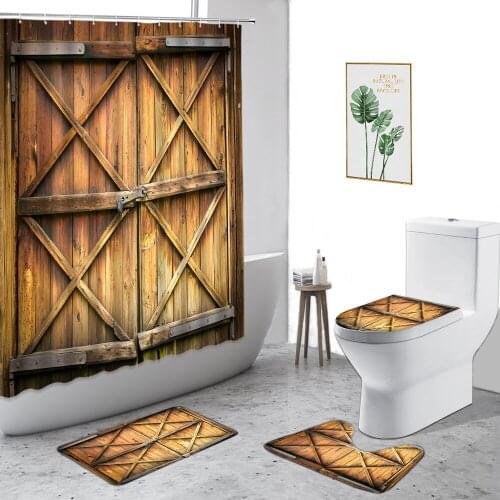 Retro Wooden Door Waterproof Shower Curtain Set Gray Old Wood Grain Bathroom 4-Piece Non-Slip Carpet Toilet Cover Bath Curtains