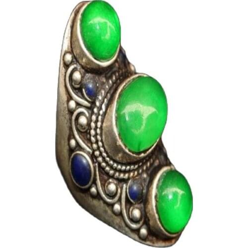 Tibet And Nepal Folk Old Tibetan Silver Inlaid With Greenstone Jade Ring
