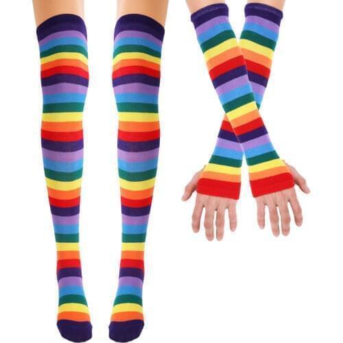 Colorful Rainbow Striped Knee Thigh High Socks Arm Warmer Gloves Girls Christmas Costume New Year Cosplay Party Holiday Gift