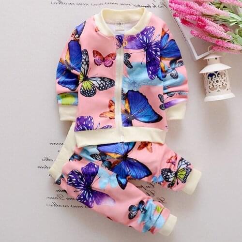 Childern Jacket for Girls Leisure Clothing Set Baby Girl Butterfly Print Sport Suits Kids Long-sleeves Clothes Overall Set