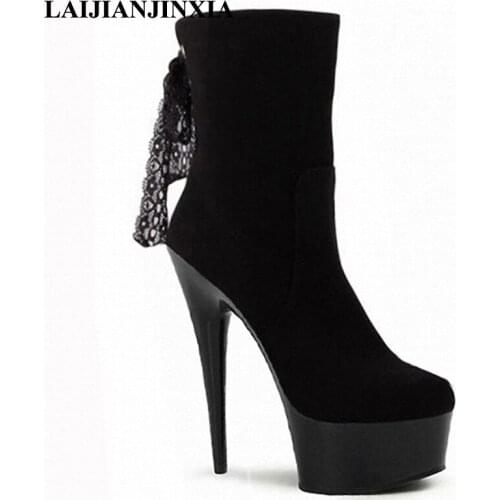 LAIJIANJINXIA Lace Up New Women Sexy Spring Pole Dance Shoes Night Club Dancing Shoes Platform 15cm Ultra High Heels Ankle Boots
