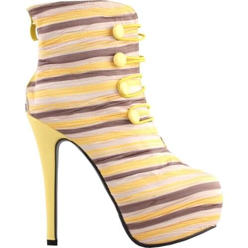 LF80887 SHOW STORY Retro Yellow Stripe Ruched Platform Stiletto High Heels Ankle Boot Bootie