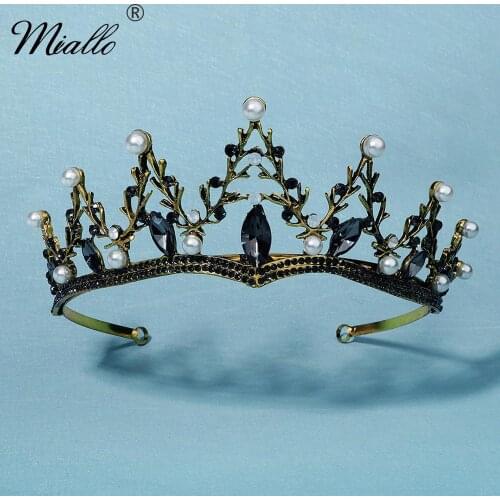 Miallo Rhinestone Hair Crown for Women Ancient Gold Color Crystal Tiaras and Crowns Hair Jewelry Headpiece Party Headwear Gift