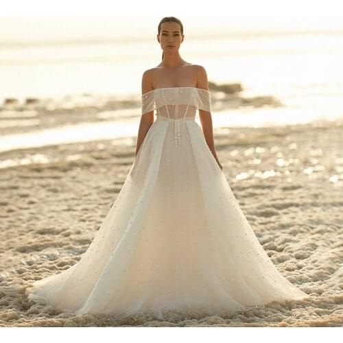 Fashion Beach Wedding Dress Popularity Shiny Boho Off The Shoulder Lace Glitter Sparkly Custom Made