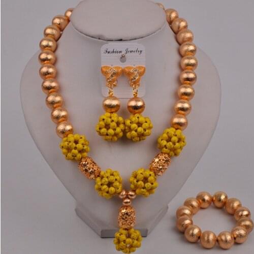 Fashion Dubai Gold Yellow Jewelry Set Nigeria Wedding Jewelry Costume Necklace Set African Bride Wedding Accessories