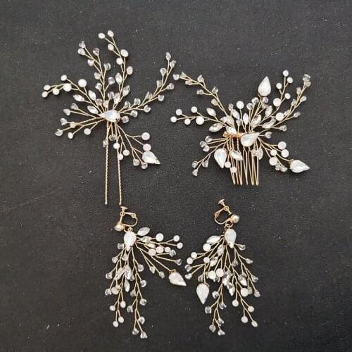 SLBRIDAL Handamde Rhinestones Opal Crystal Pearls Flower Wedding Jewelry Set Bridal Hair Comb Hair Pin Earring Set Women Jewelry