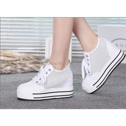 2017 new lace up women breathable genuine leather cut outs hidden wedges heel casual shoes high platform female thick sole shoes