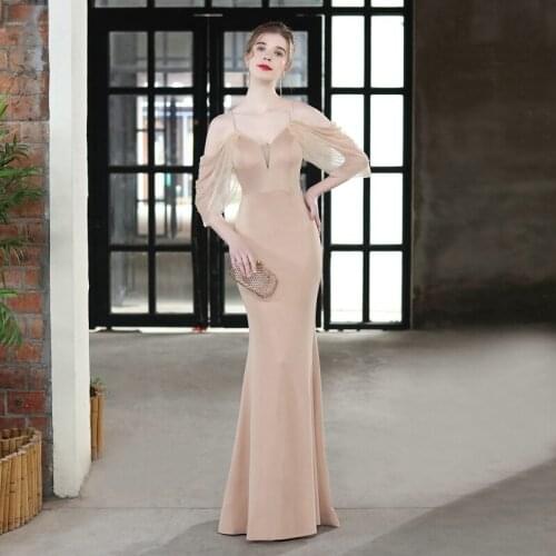 2021 New Elegant Beads Black Evening Dress Womens Strap Dress Long Party Dress