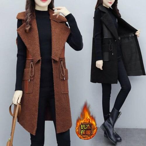 Womens Autumn and Winter Sleeveless Leather Coat plus Size Pu Lamb Stitching