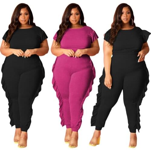 Plus Size Women Solid Ruffle Patckwork Two Piece Sets Fashion O-Neck Short Sleeve Tees High Waist Skinny Pants Tracksuits Outfit