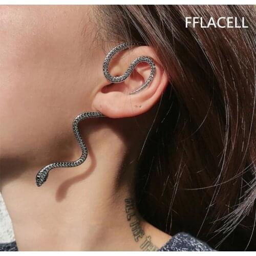 New Fashion Punk Snake Shape Hip Hop Crystal Gold Silver Color Metal Plated Stud Cuff Earrings For Women Girls Jewelry