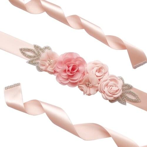 Wedding Accessories Bridal Wedding Belts Satin Flower Rhinestone Dress Belt Sash Woman Girl Pink Red Blue Ribbon Girdle