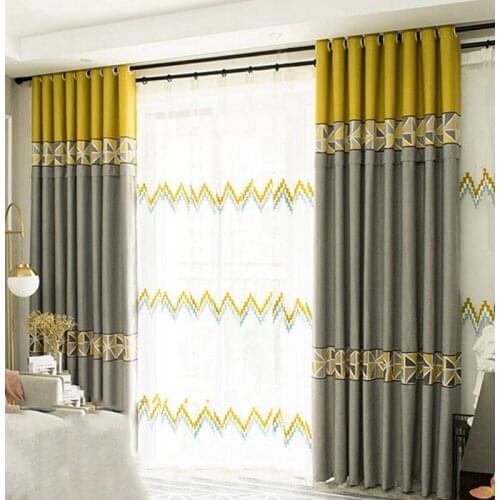 Blackout Curtains for Living Bedroom Yellow Grey Stitch Geometric Wave Pattern Chenille Room Darkening Parlor Drapes