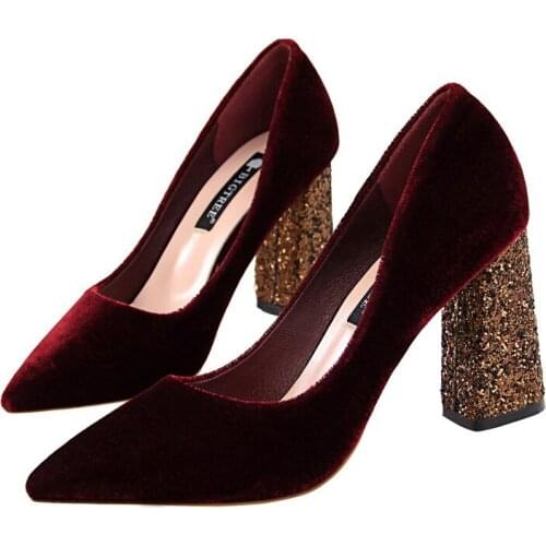 Autumn And Winter New Wild Velvet Black Pointed Thick With Shallow Mouth Female Bride Red Wedding Shoes