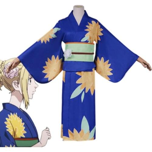Anime Tokyo Revengers Emma Sano Cosplay Costume Halloween Carnival Costume Traditional Blue Kimono Robe Women Dress