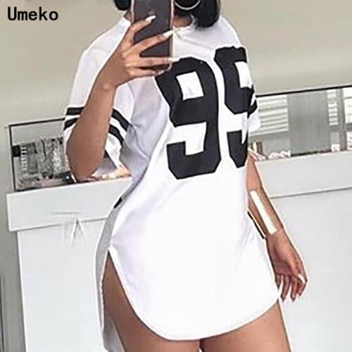 Umeko 2020 New Number Print Short Sleeve Dress Women Summer Casual Solid O-neck Dresses New Loose White Dress Sundress Robe