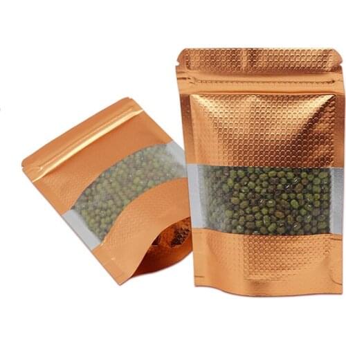 1000Pcs Gold Stand up Aluminum Foil Packing Bags with Window Resealable Lines Zipper Packaging Pouch for Tea Nuts Snack