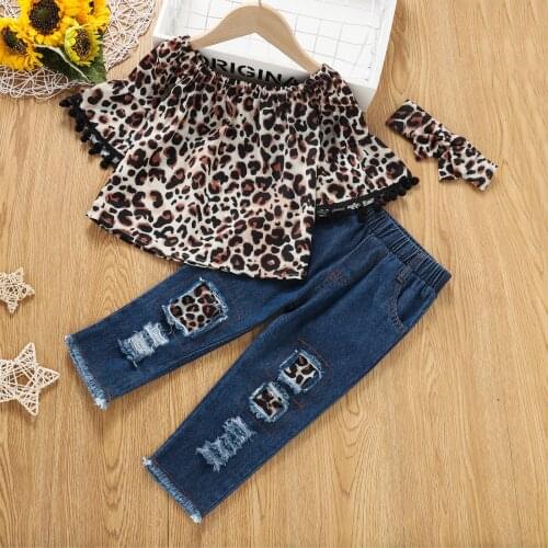2 Pcs Baby Leopard Print Clothes Set Long Flared Sleeve Off-shoulder Tops+Ripped Jeans+Bow-knot Headband for 0-3 Y