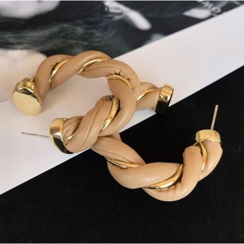 In 2021 Fashion Leather Metal Compiled C Shape Stud Earrings European And American Style Geometric Girl Jewelry Earrings