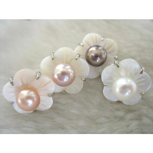 4pairs freshwater pearl white/pink /purple flower stud 7-9mm earrings wholesale beads nature FPPJ woman 2017