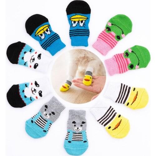 4pcs Soft Pet Knits Socks Warm Puppy Dog Shoes Cute Cartoon Anti Slip Skid Socks for Small Dogs Cats Wear Slip On Paw Protector