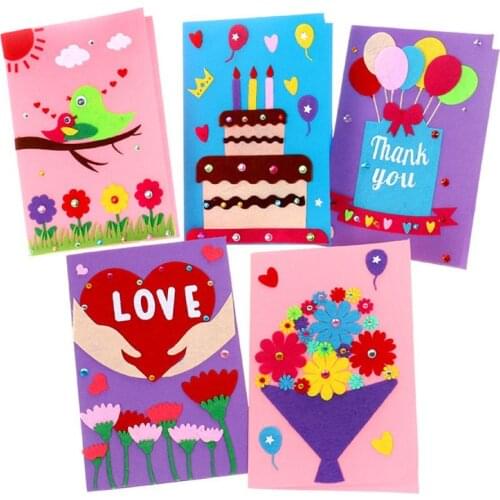 5Pcs/Set Kids DIY 3D Non-woven Fabric Rhinestone Handmade Crafts Greeting Cards DIY Scrapbook Cards Making Decoration