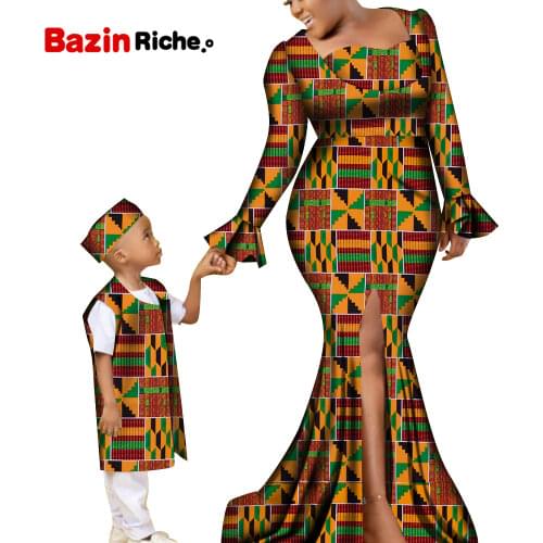 African Mother Son Family Matching Outfits Clothes Sleeveless Jacket And Hat For Boy Sexy Dress For Lady Plus Size Maxi WYQ736