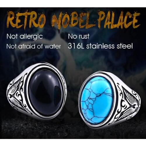 Beier 316L Stainless Steel Natural Oval Opal Green Stone Ring Vintage Nobel Palace Product For Woman Man LR633