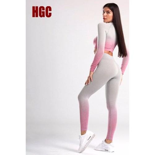 HGC Seamless Suit Women Gradual Change Fitness Yoga Set Ombre Long Sleeve Elastic Sport Top Pants Gym Slim Workout Sportwear