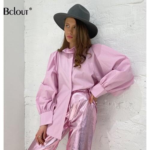 Bclout Loose Puff Sleeve Ruffled Collar Solid Women Blouse Summer Casual Single Breasted Long Sleeve Pink Shirts Elegant Female