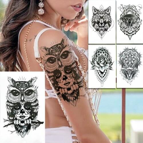 Black Owl Fake Temporary Tattoos For Women Men 3D Geometric Diamond Wolf Tattoo Sticker Mandala Henna Lion Flower Tatoo Shoulder