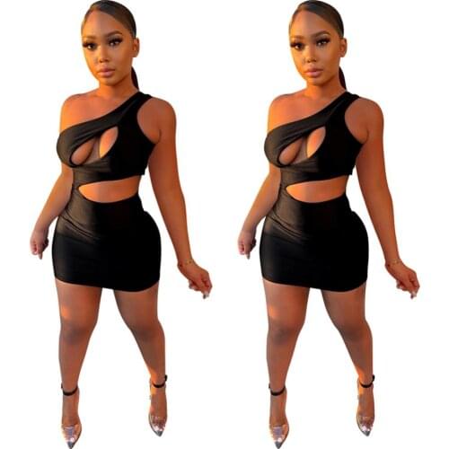 Black Color One Shoulder Sleeveless Cut Out Dress Women Sexy Night Party Club Hollow Out Dress One Step Dress Skinny Mini Dress