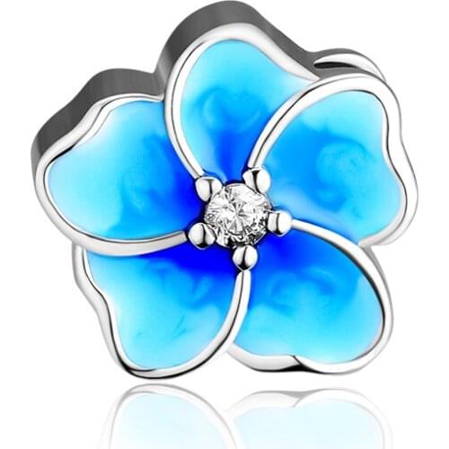 CKK 925 Sterling Silver Blue Enamel Flower Charms Fit for Original Silver Bracelet Metal Beads DIY Jewelry Making Bijoux