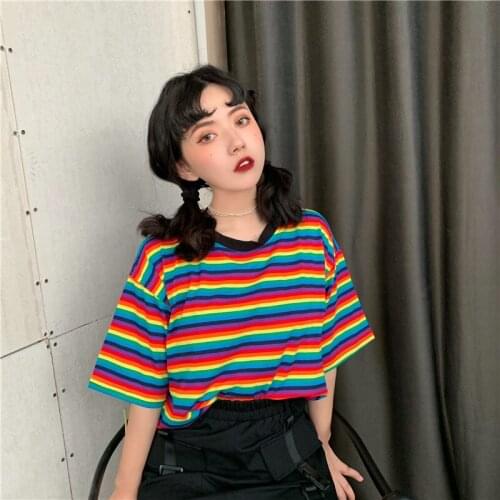 Rainbow film cotton spandex yarn dyed T-shirt girl
