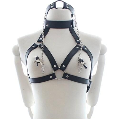 Sex toys for women Nipple Breast Clamp Clip Chain Couple BDSM Bra Harness With Leather Choker Collar sexy lingerie accessoires
