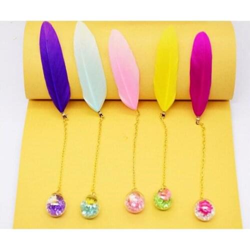 Colorful Feather Glass Ball Bookmark Boxed Pendant Book Holder Office Stationery Paper Book Mark Novelty Items Teacher Gift