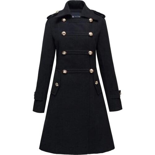 Fashion Military Style Stand Collar Wool Blends Women Double Breasted Overcoat Slim Long Woolen Coat Plus Size Outerwear Female