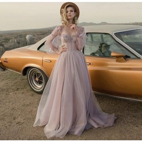 Lace-up 3D Flowers Beading Beach Wedding Gowns Boho 2021 Dusty Rose Princess Wedding Dresses Puffy Sleece Bridal Gowns платье