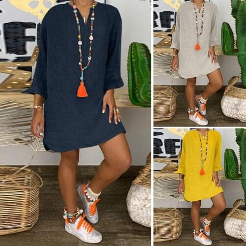 Summer Sundress Solid Dress Casual Female High Waist Women Casual Solid Color Long Sleeve V Neck Vintage Loose Knee-length Dress