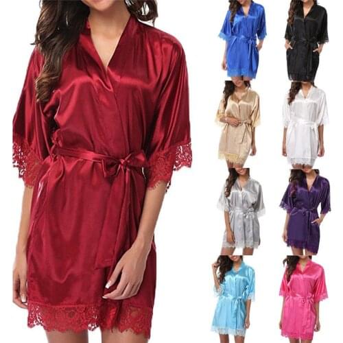 Sexy Bride Women Lace Sleepwear Floral Kimono Robe Satin Silk Night Dress Gown Deep V Bathrobe Sexy Nightwear Hot sale